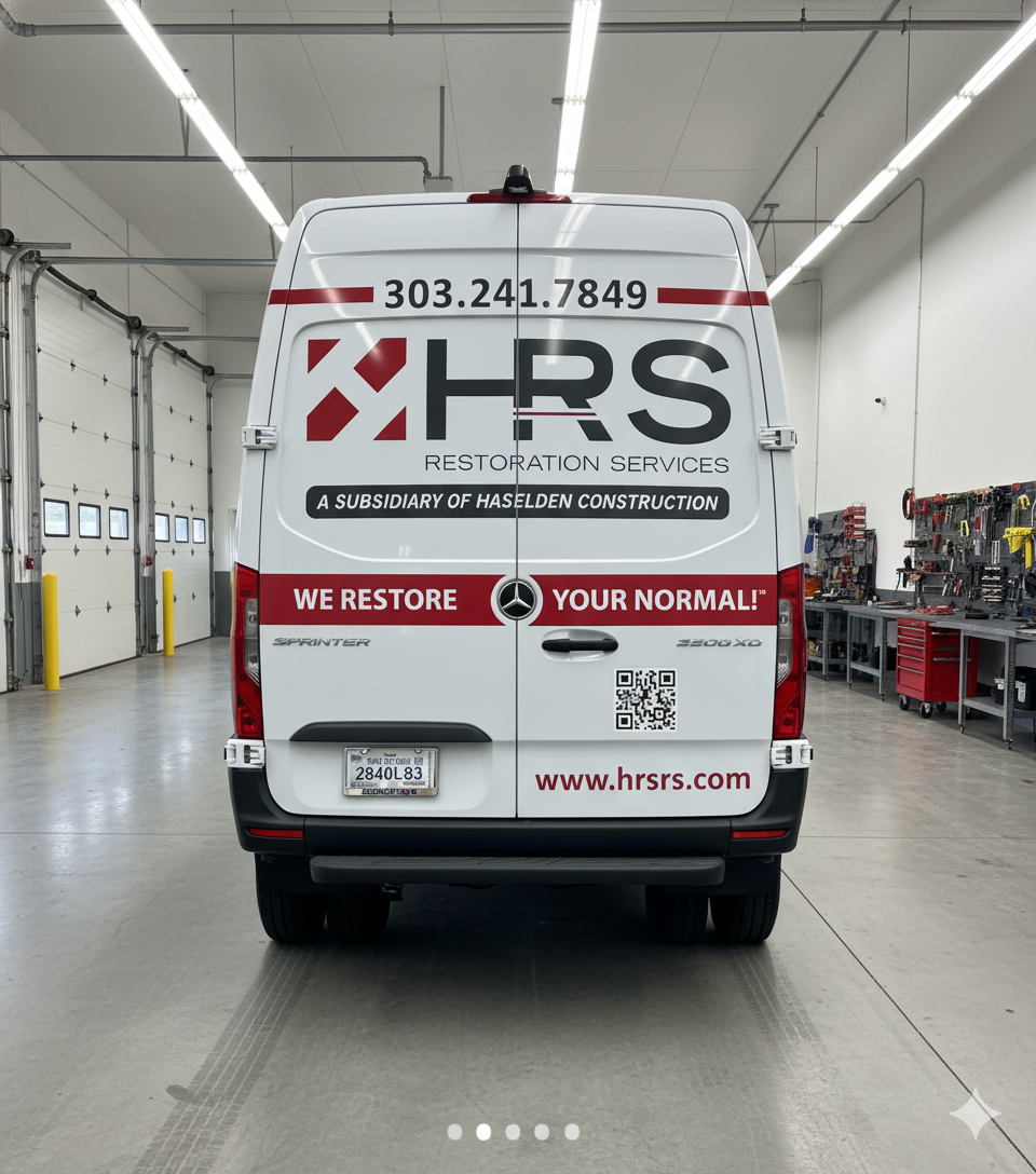 Rear view of an HRS Restoration Services branded van inside a service bay