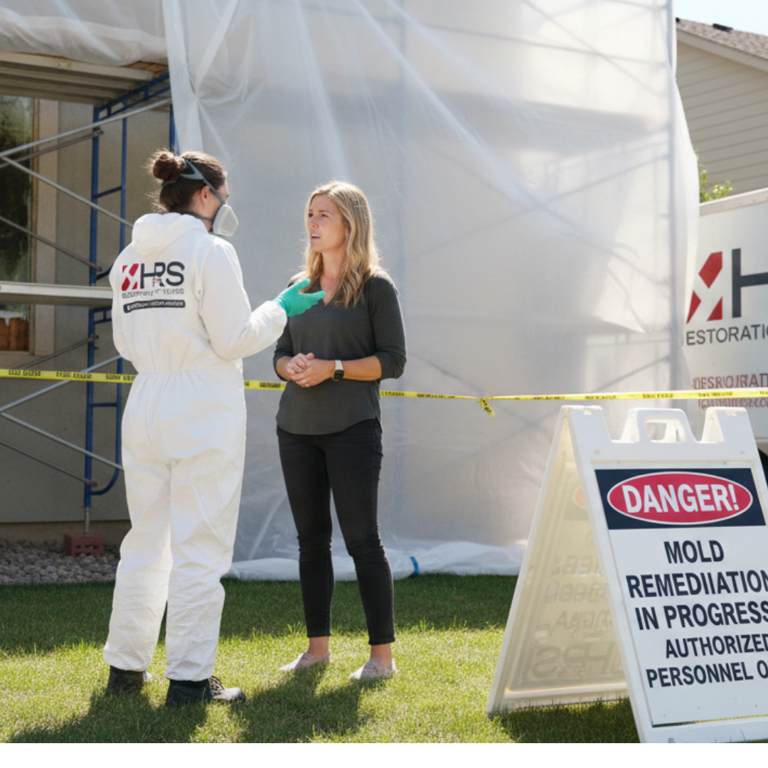 HRS technician explains mold remediation containment setup at a Greenwood Village, CO property