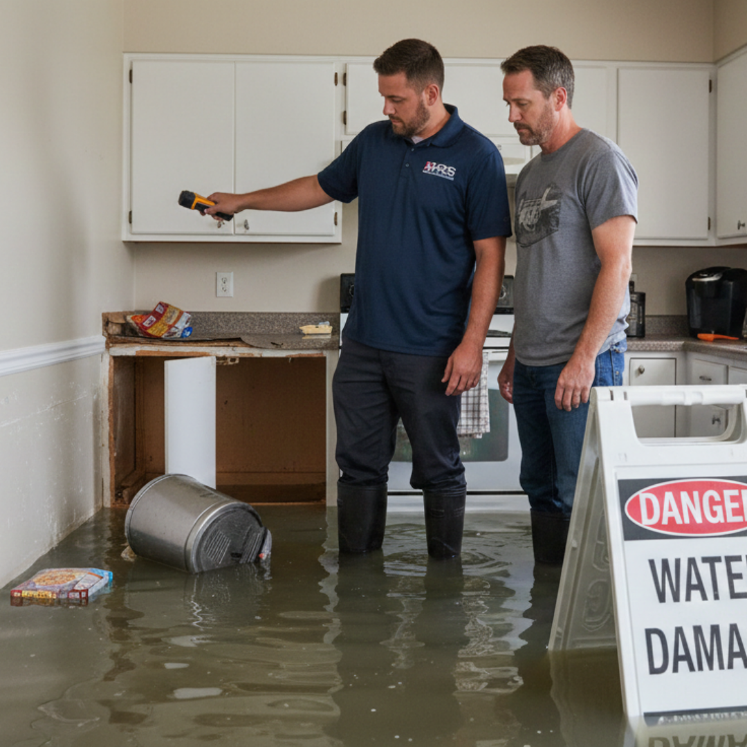 HRS technician assesses water damage in a flooded Greenwood Village, CO kitchen with homeowner