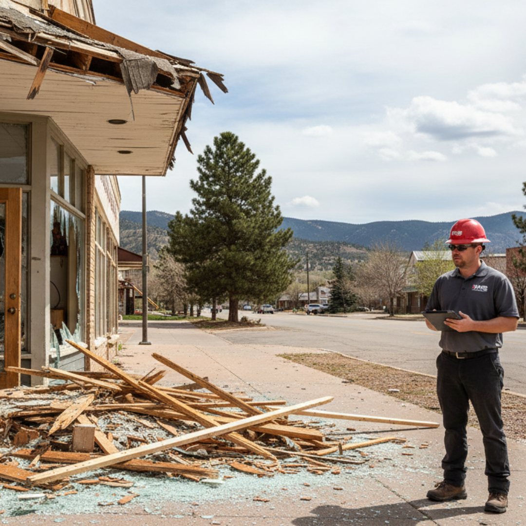 HRS technician inspects storm damage at a commercial property in Parker, CO.