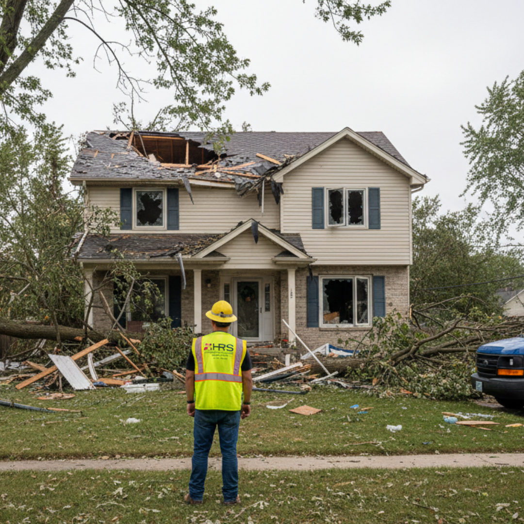 HRS technician documenting mold and biohazard contamination in a Meridian, CO kitchen for restoration planning