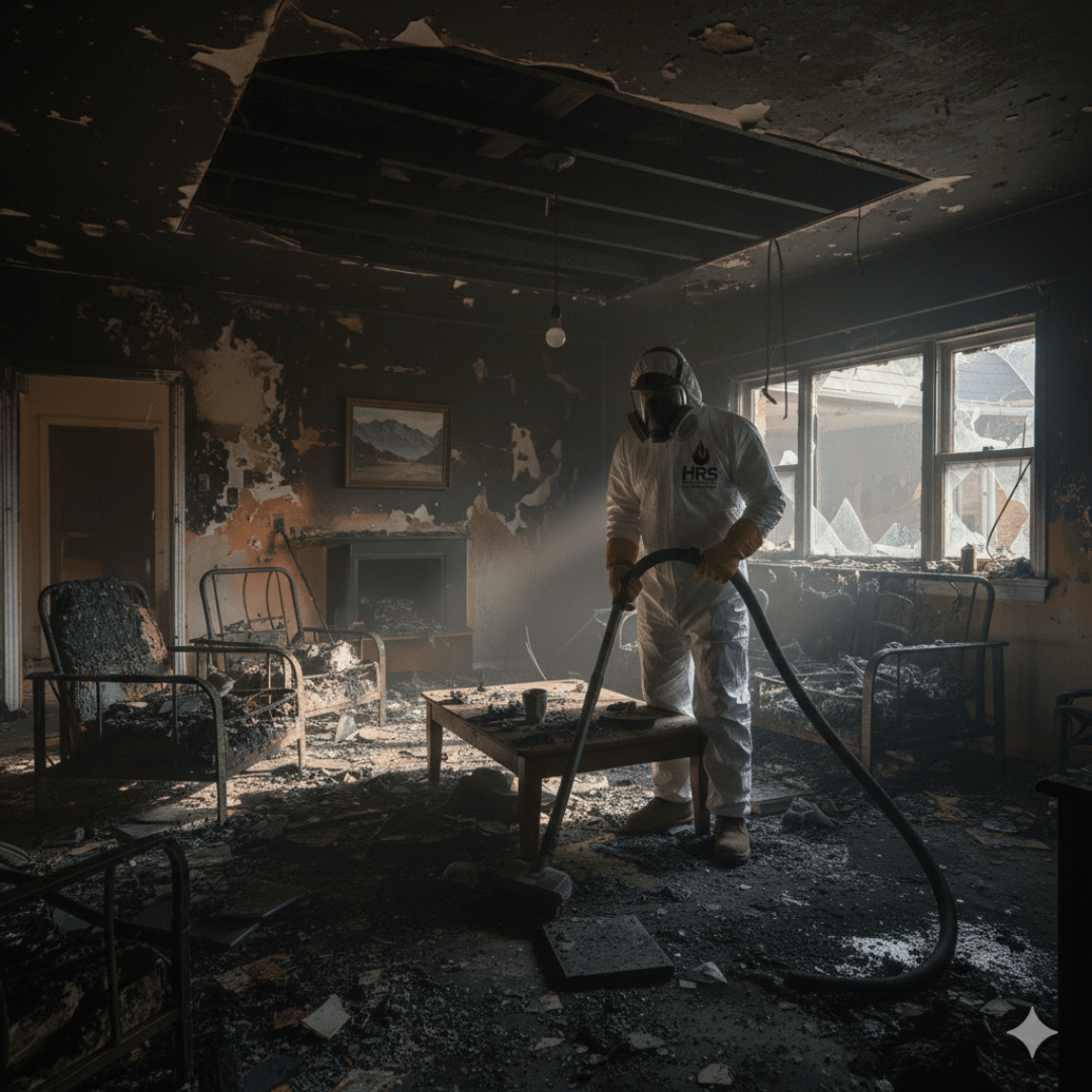 ICRC-certified HRS technician in protective gear cleaning smoke and soot damage from a Denver living room after a fire.