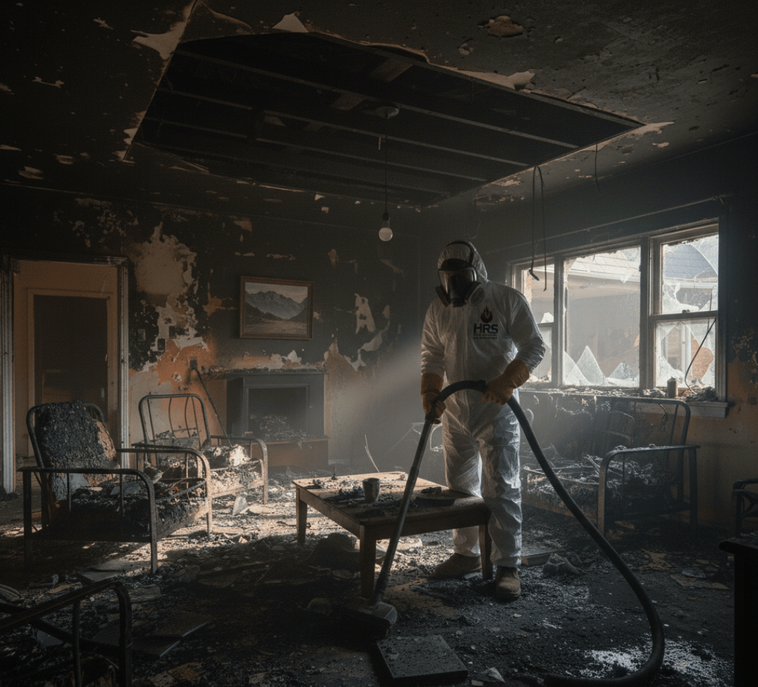 ICRC-certified HRS technician in protective gear cleaning smoke and soot damage from a Denver living room after a fire.