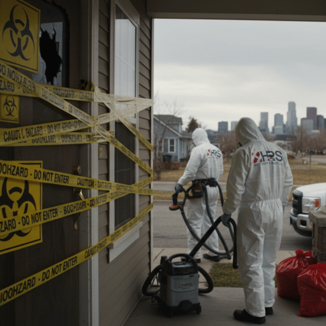 HRS Restoration Services technicians in protective gear preparing to clean a biohazard site at a Denver home.