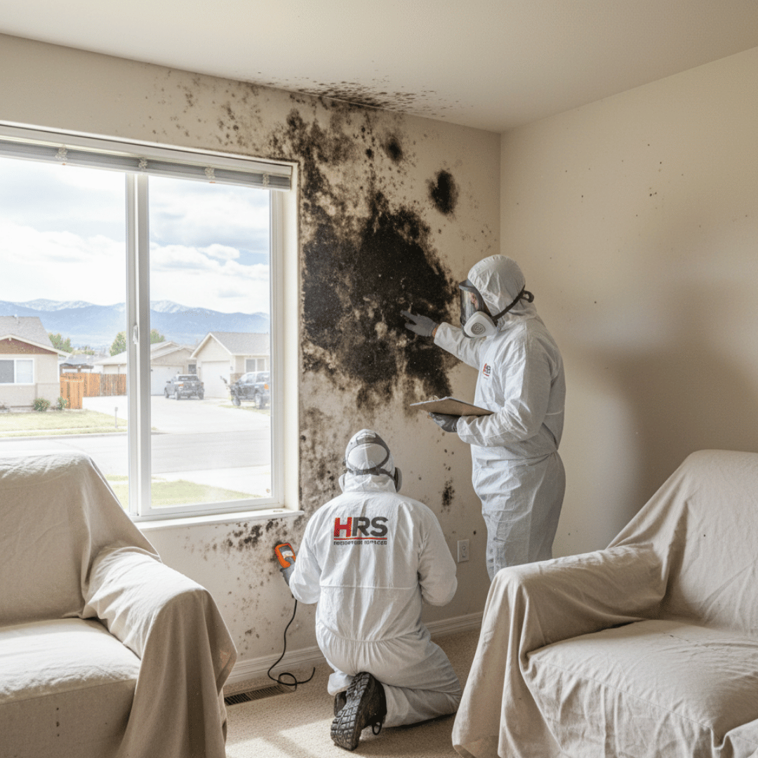 HRS Restoration Services technicians in protective gear removing mold from a Denver basement using HEPA filtration and containment barriers for safe, certified remediation.