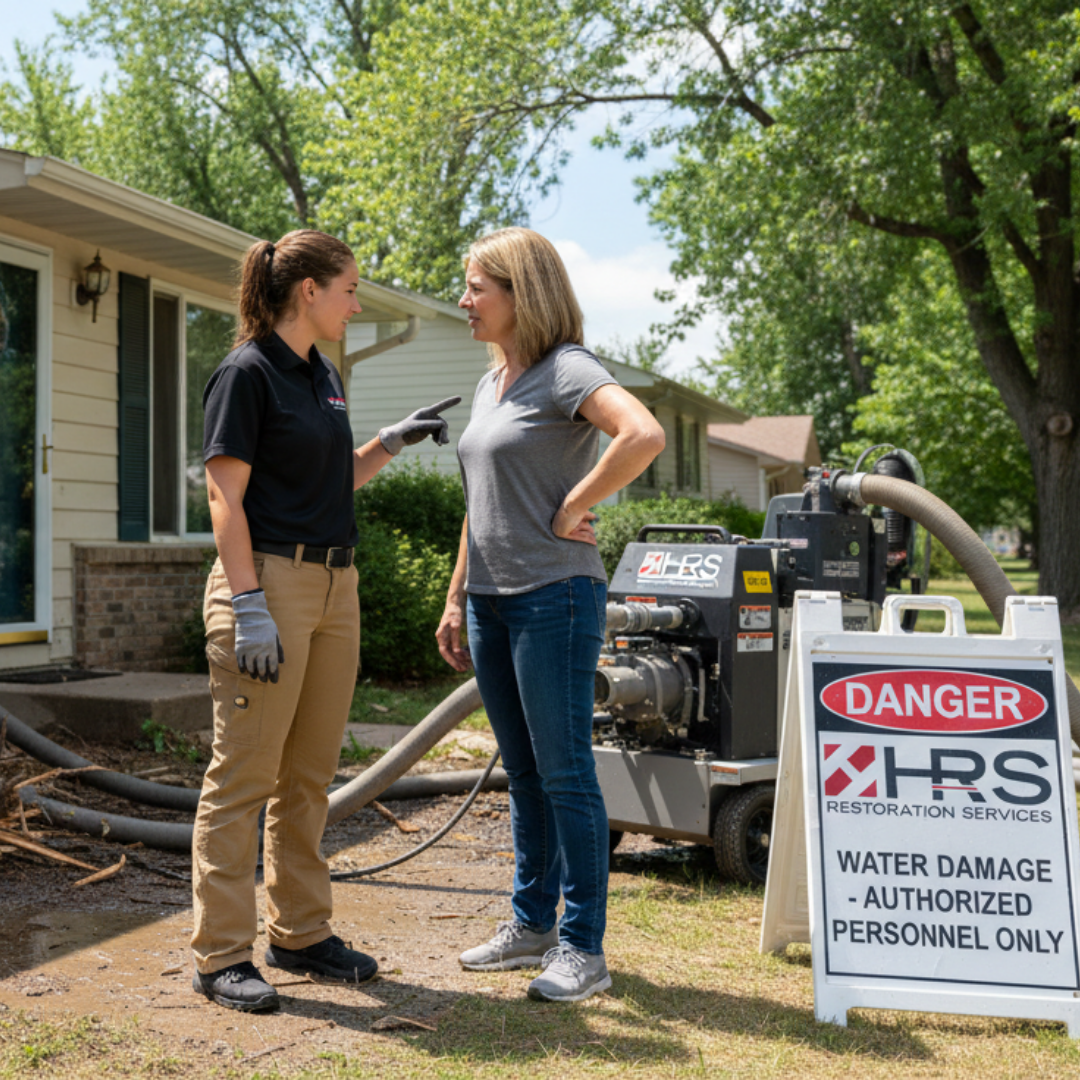 HRS technician discussing water damage restoration assessment with homeowner in Lone Tree, CO