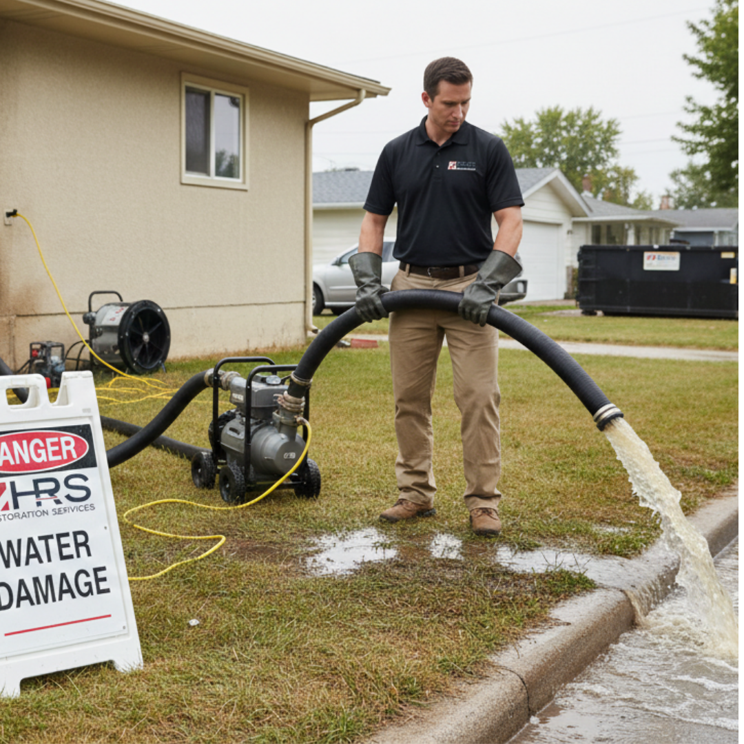 HRS Technician performing water extraction during water damage restoration at a residential property in Foxfield, CO