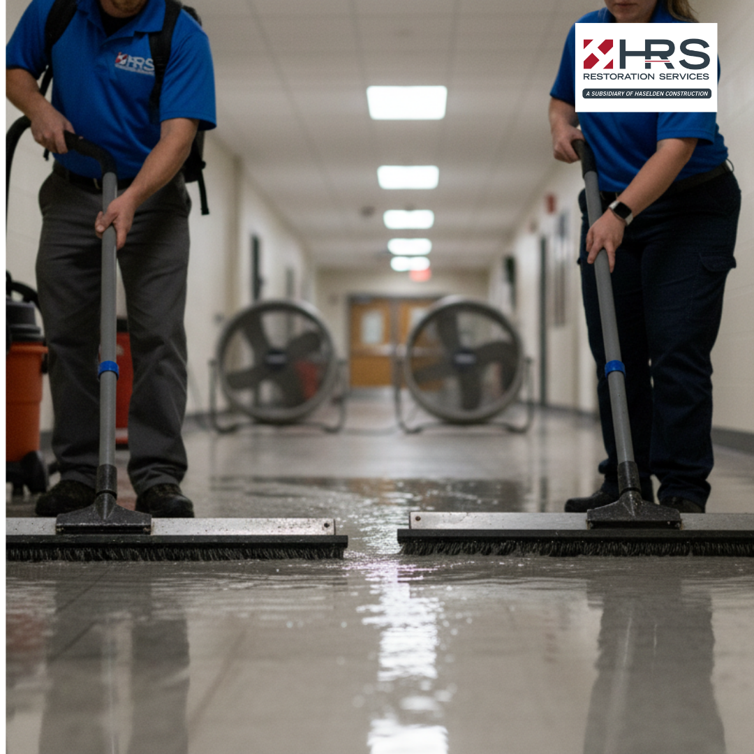 HRS technicians performing water removal on a wet hallway floor