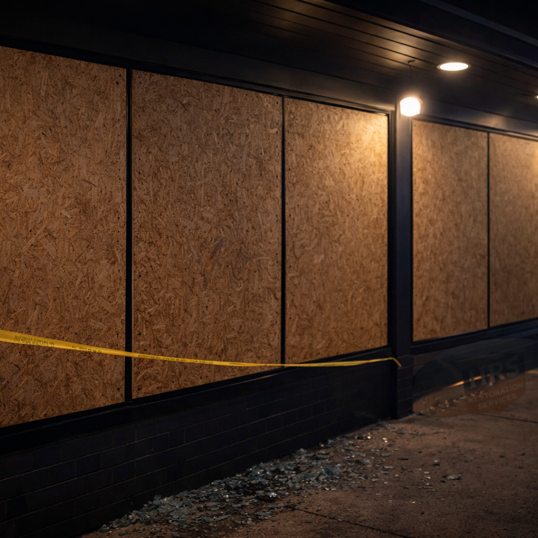 Commercial storefront windows secured with plywood panels after glass damage during emergency board-up service.