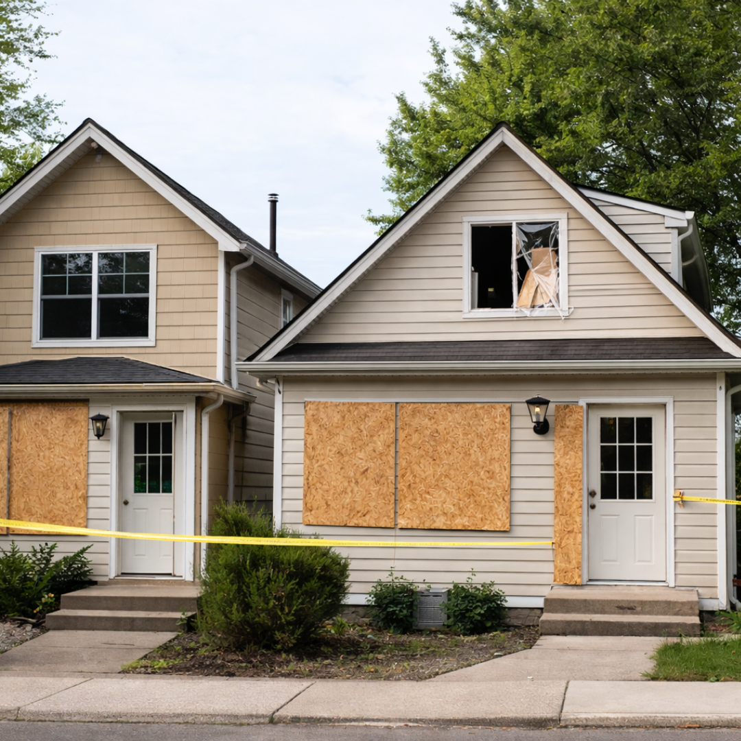 Residential home secured with emergency board-up plywood panels after property damage.