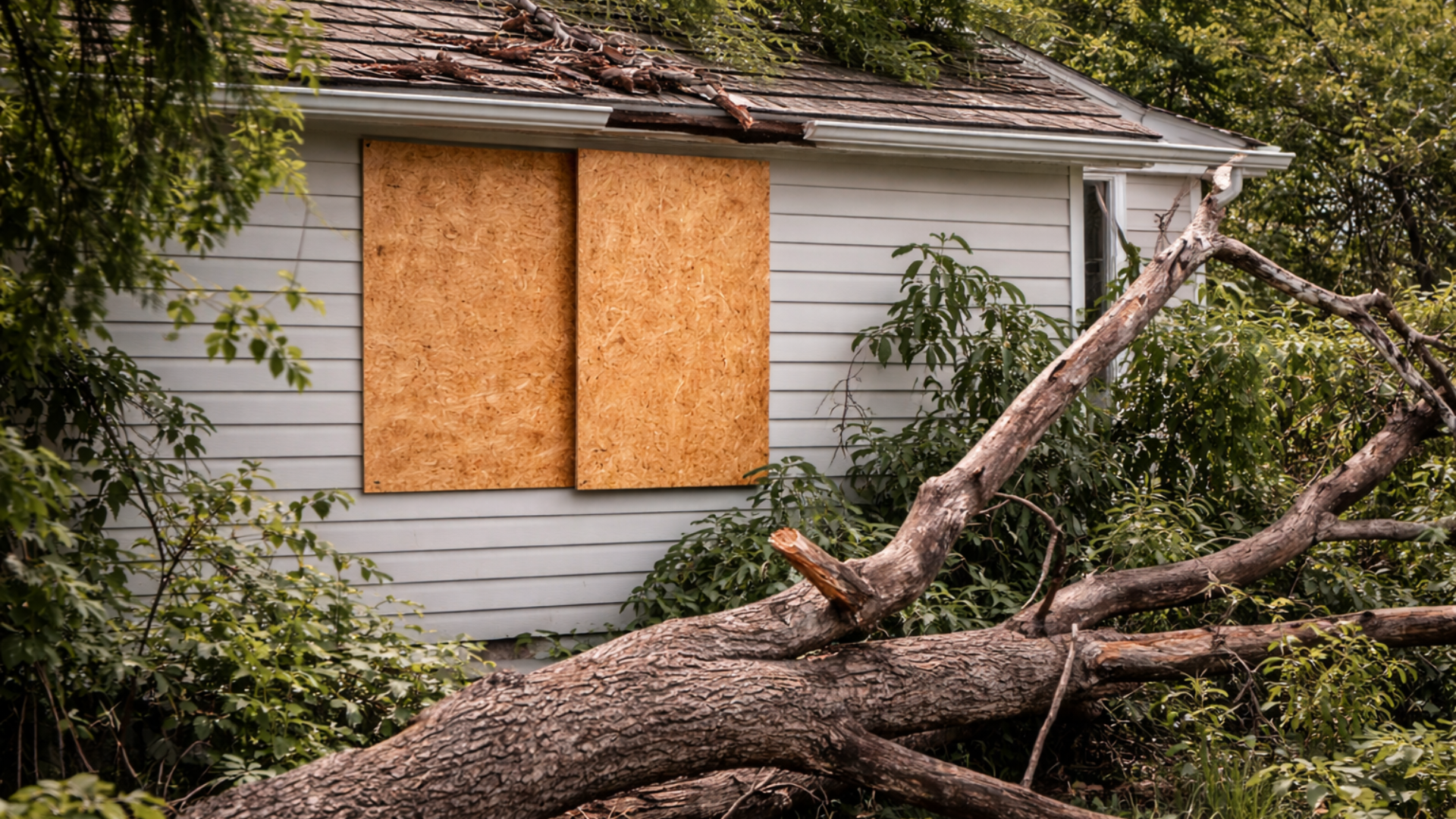 Residential home window secured with plywood after storm damage caused by fallen tree.