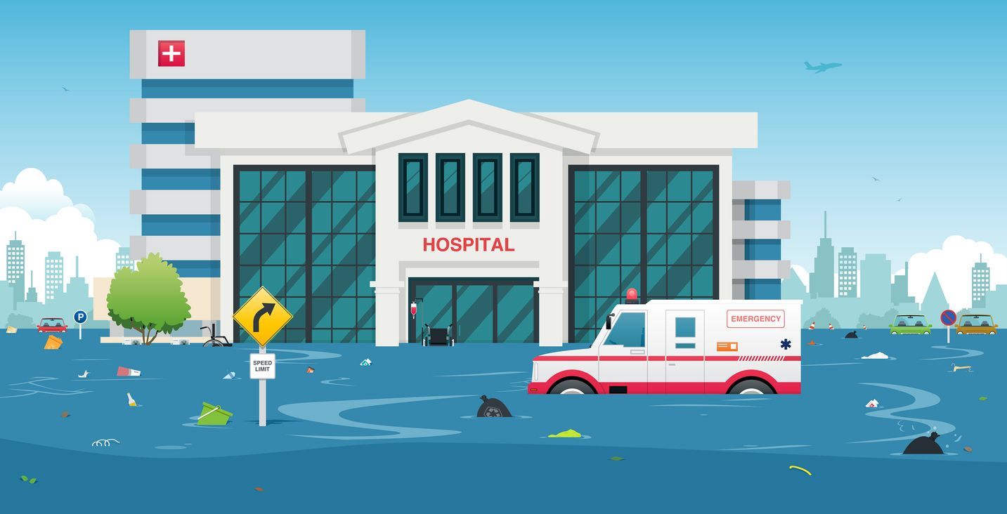 animated image of a hospital with water damage from a flood