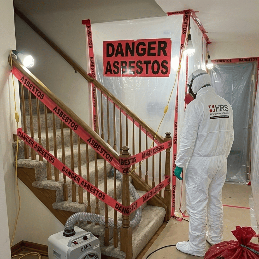Asbestos abatement containment set up on a residential staircase in Lakewood, CO with danger asbestos signage and HEPA filtration by HRS Restoration Services.