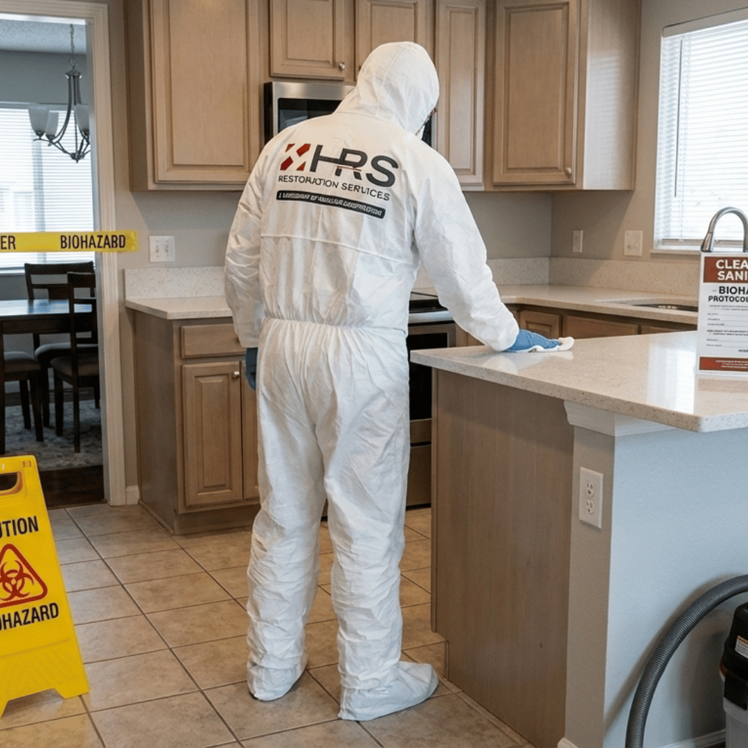 HRS technicians performing biohazard cleaning and surface decontamination in a Lakewood residential kitchen.