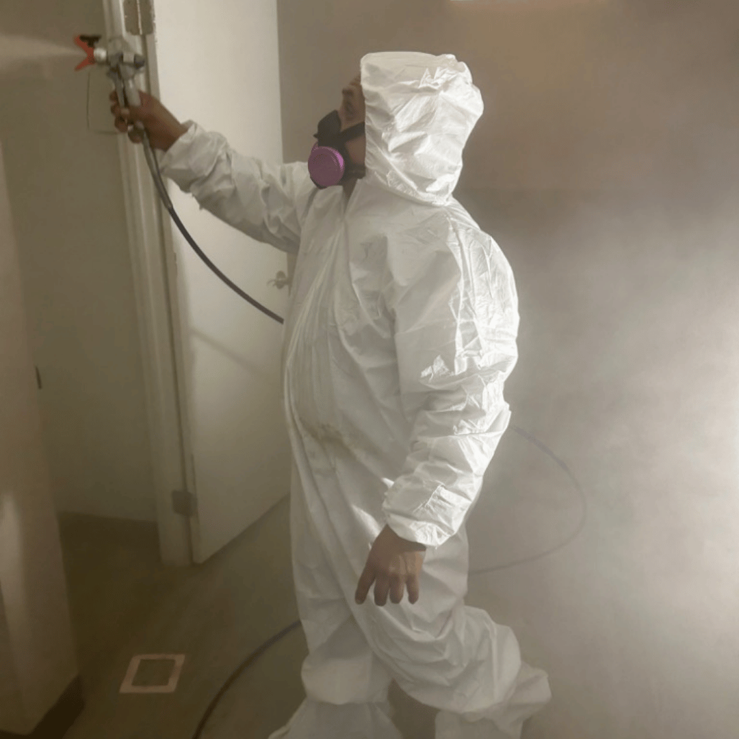 Certified HRS technicians conducting biohazard decontamination and fogging in Lakewood property.