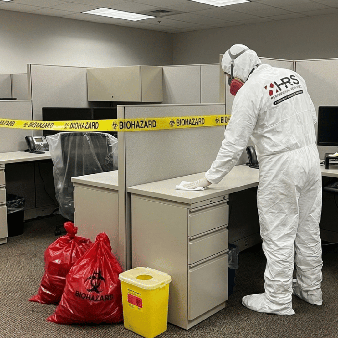 Certified HRS technicians conducting biohazard decontamination and fogging in Lakewood property.