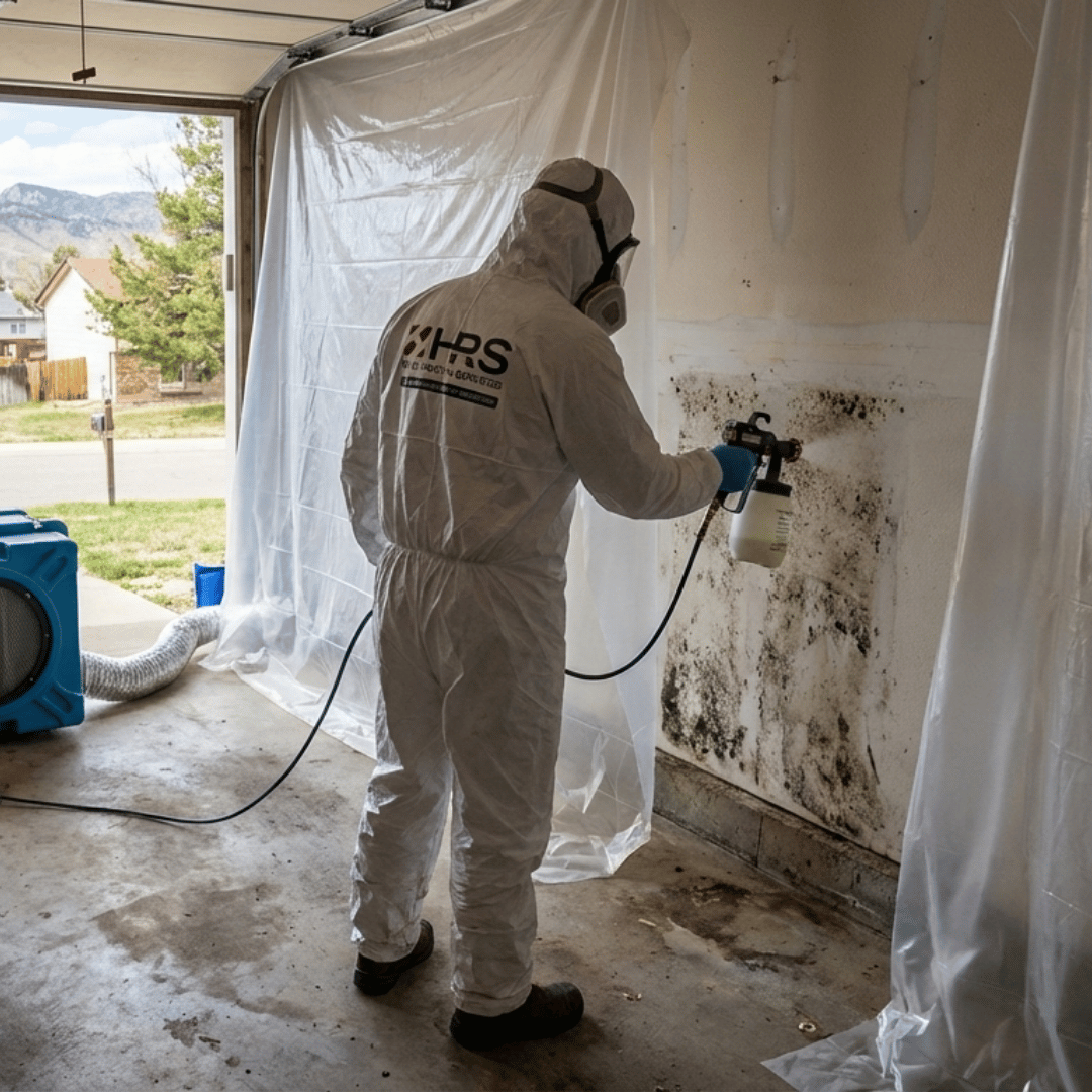 HRS technician applying antimicrobial treatment during mold remediation in a home in Colorado.