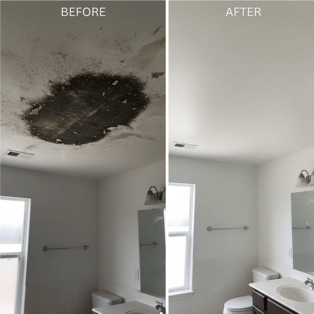 Before and after mold remediation in a Denver bathroom ceiling - HRS Restoration Services eliminates mold, restores surfaces, and ensures long-term safety with clearance testing.