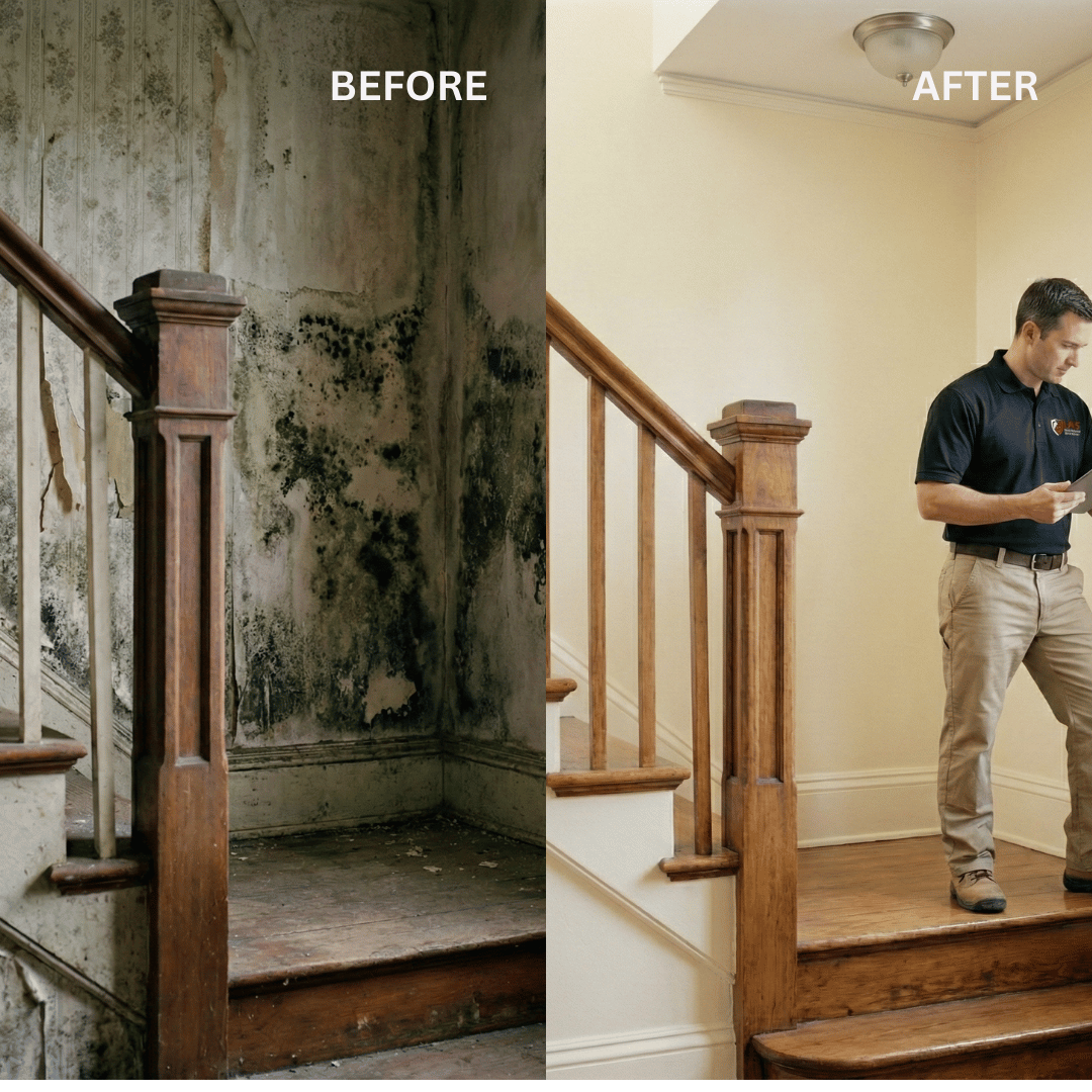 Before and after comparison of mold remediation on a residential staircase in Colorado Springs, showing removal of visible mold and restored interior surfaces.