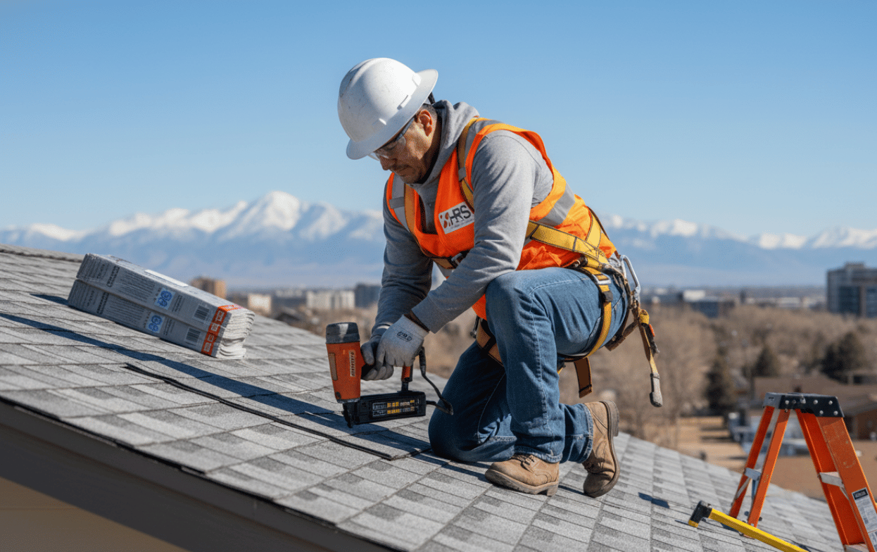 HRS Restoration Services technician performing commercial roof repair in Denver, CO. The worker is installing shingles with the Rocky Mountains visible in the background, showcasing our local expertise.