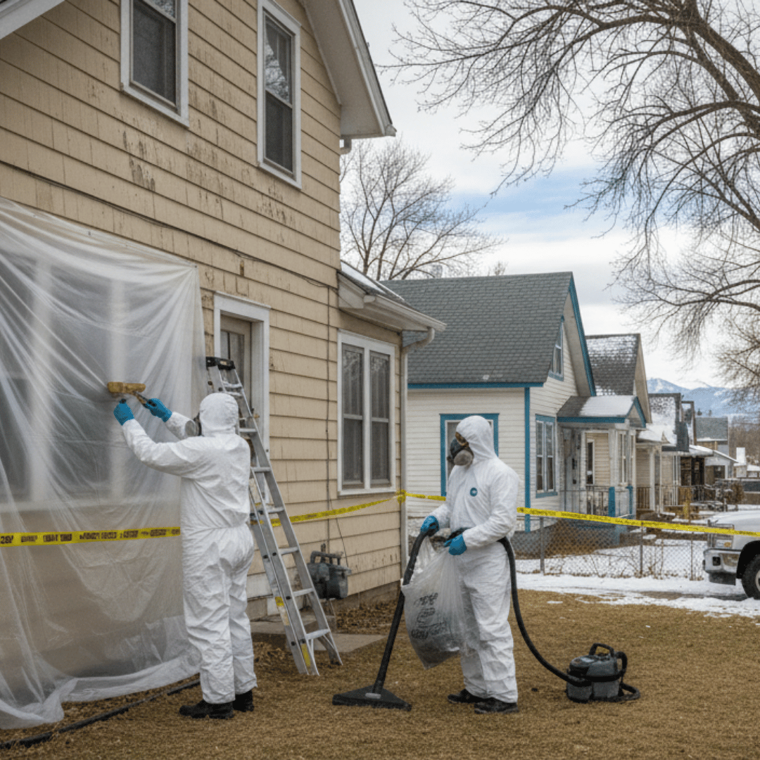 Professional asbestos abatement technicians in protective suits working on a residential home in Denver. The crew is sealing off the work area with plastic sheeting and using HEPA filtration equipment.