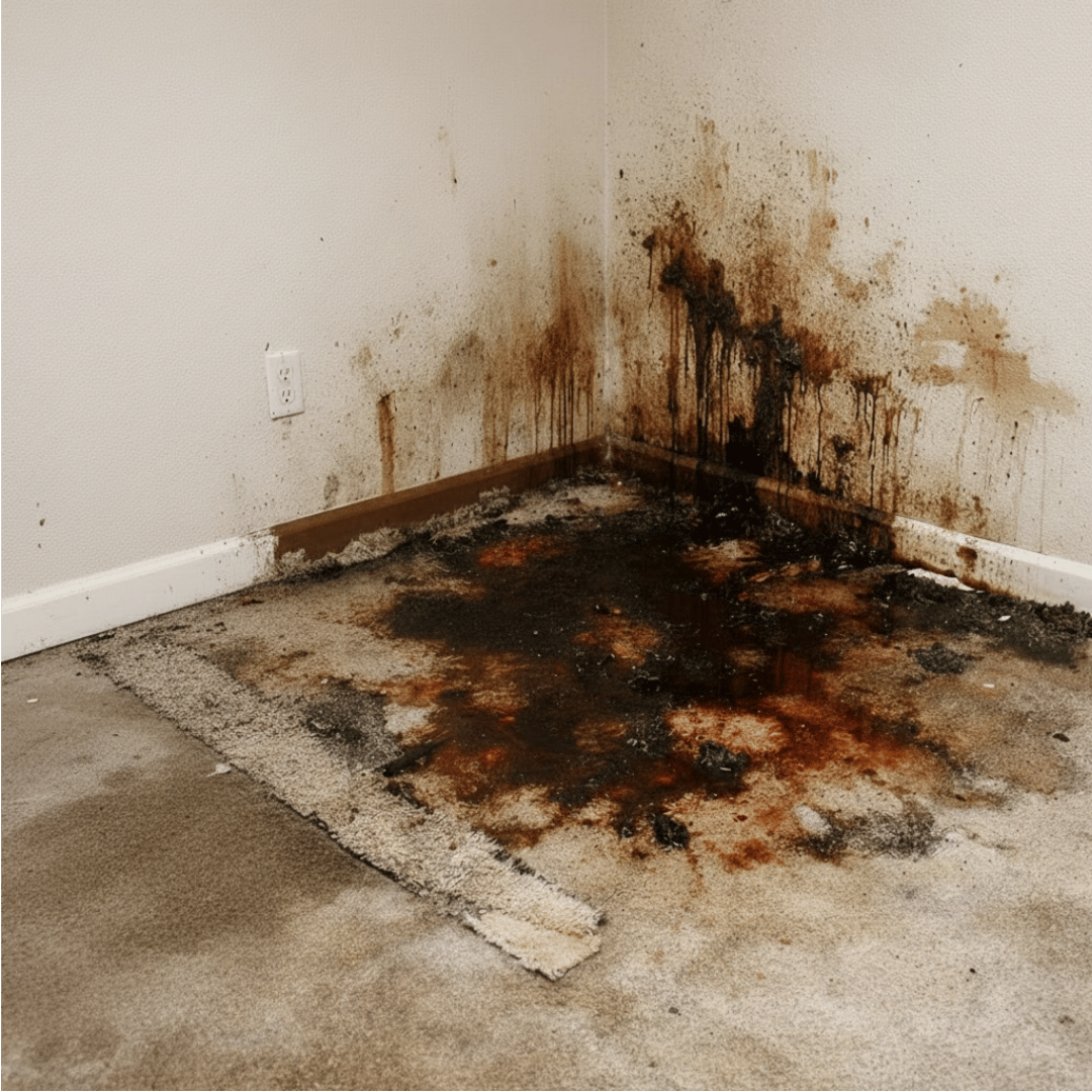 Interior room affected by biohazard contamination before professional cleanup in Colorado Springs.