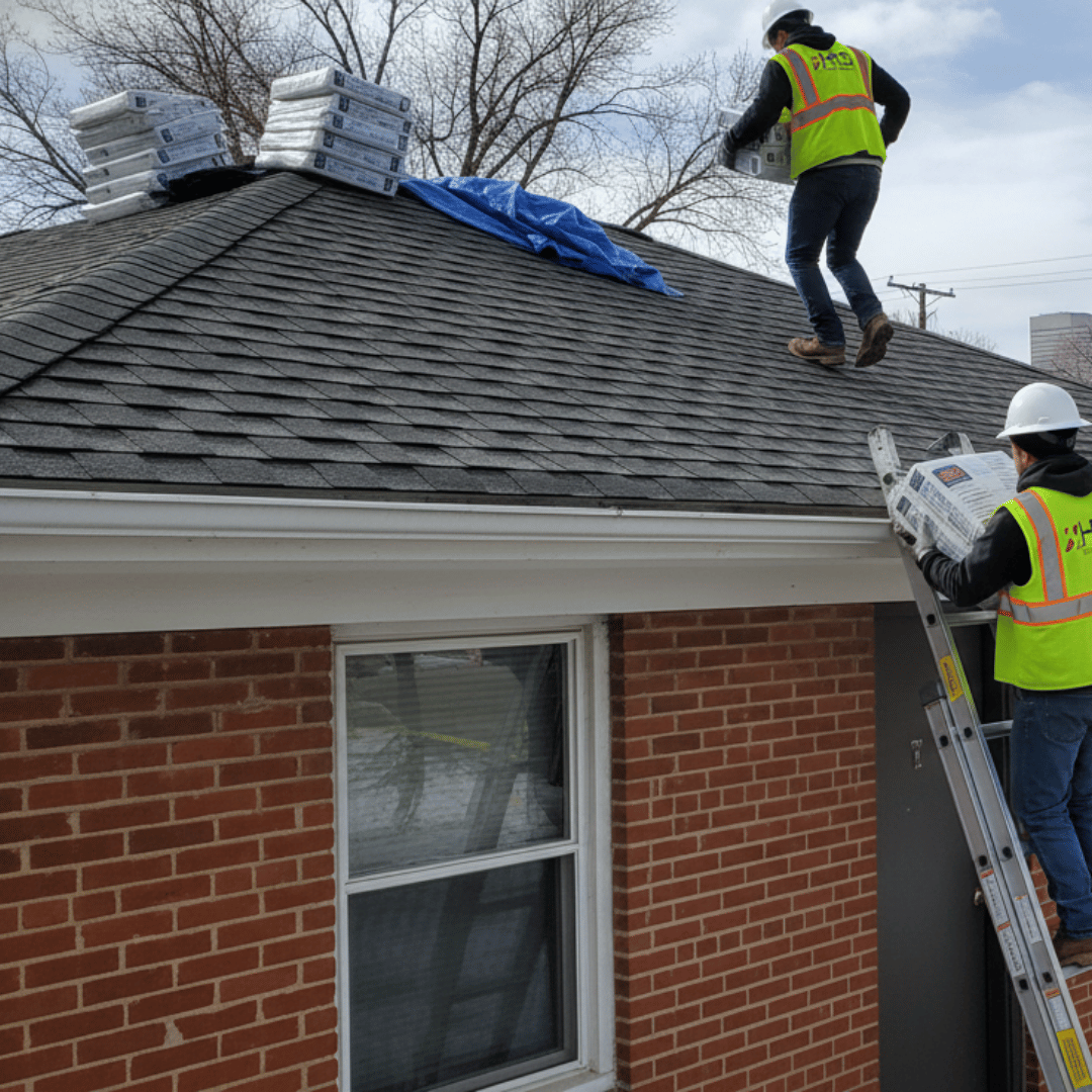 HRS Restoration Services providing residential roofing services in Denver. Workers are loading shingles onto a home's roof, preparing for installation or replacement.