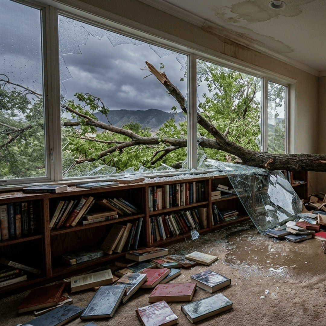 Interior storm damage in a Lakewood, CO home caused by a fallen tree, requiring emergency restoration and repairs.