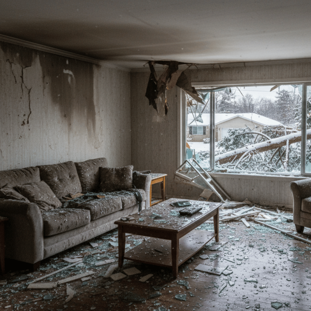 Interior storm damage in a Denver home living room with shattered glass and debris from broken windows.