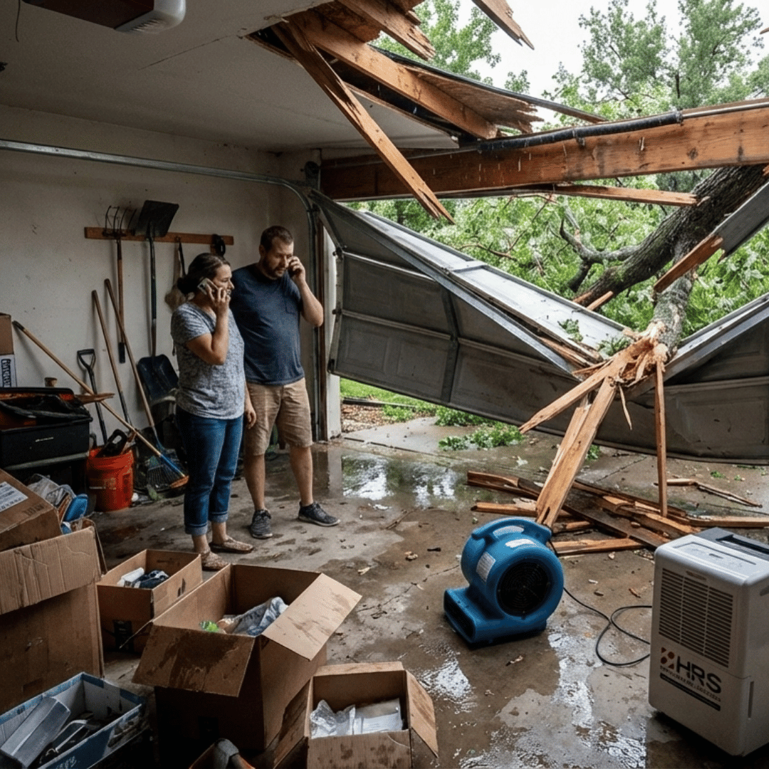 Severe storm damage in Lakewood, CO with garage structural collapse requiring professional restoration services by HRS.
