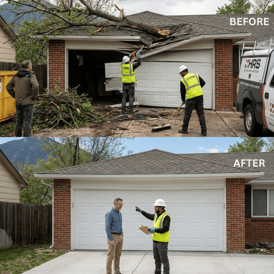 Storm damage restoration in Colorado Springs showing roof and garage damage from a fallen tree before and after professional repair by HRS.