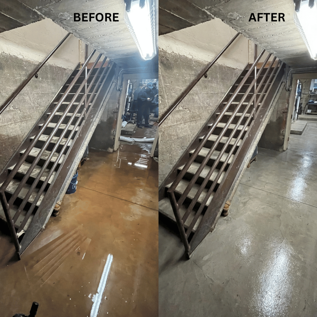 Before and after water damage restoration in a Colorado Springs basement showing standing water removal and dried concrete flooring