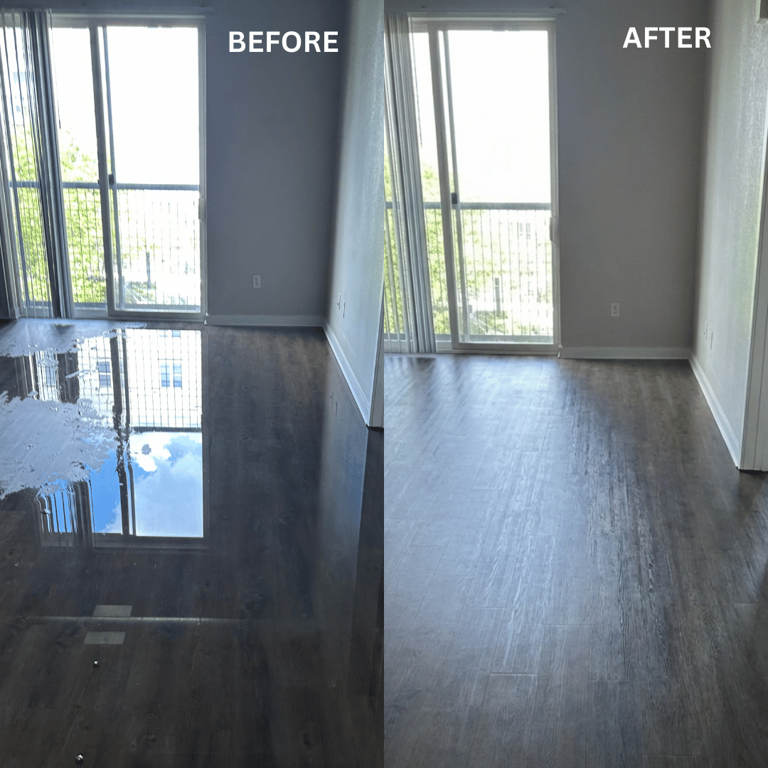 Before and after water damage restoration in Lakewood, CO showing flooring recovery after HRS flood cleanup.