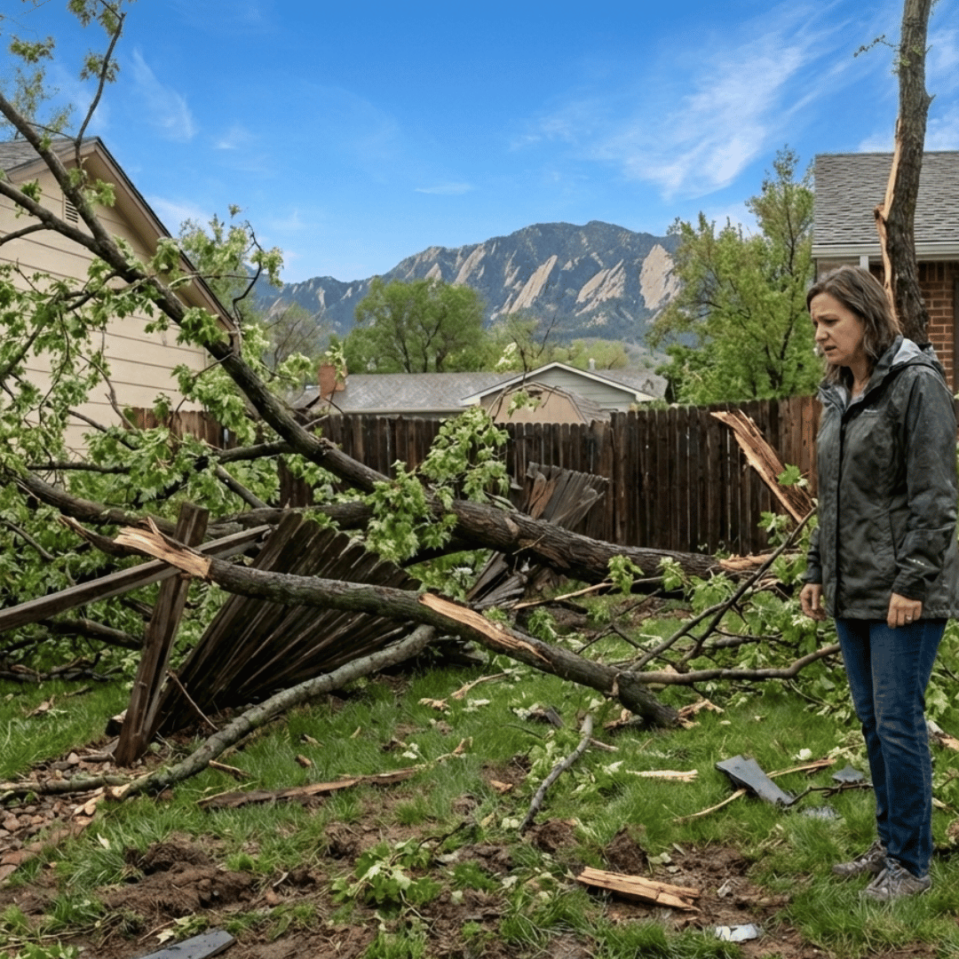 Residential storm damage in Colorado Springs with fallen tree and fence damage caused by high winds.