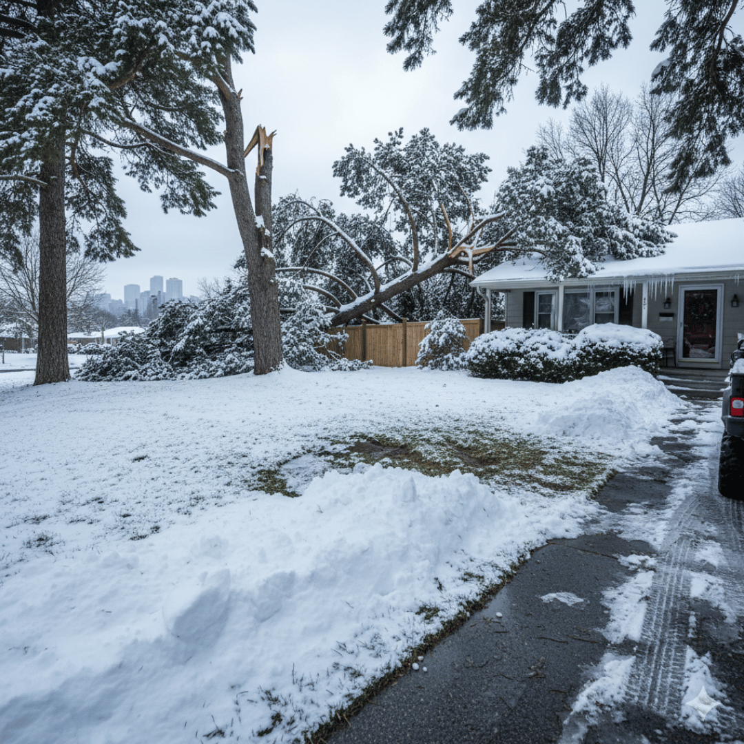 Winter storm damage in a Denver yard with a snapped tree trunk and heavy snow, highlighting post-storm cleanup needs