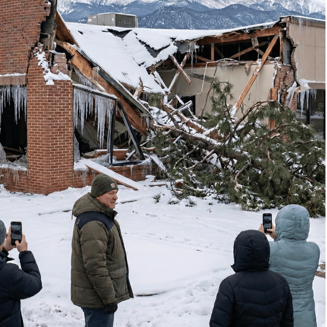 Severe winter storm damage to a Colorado Springs home with roof collapse and structural impact prior to restoration.