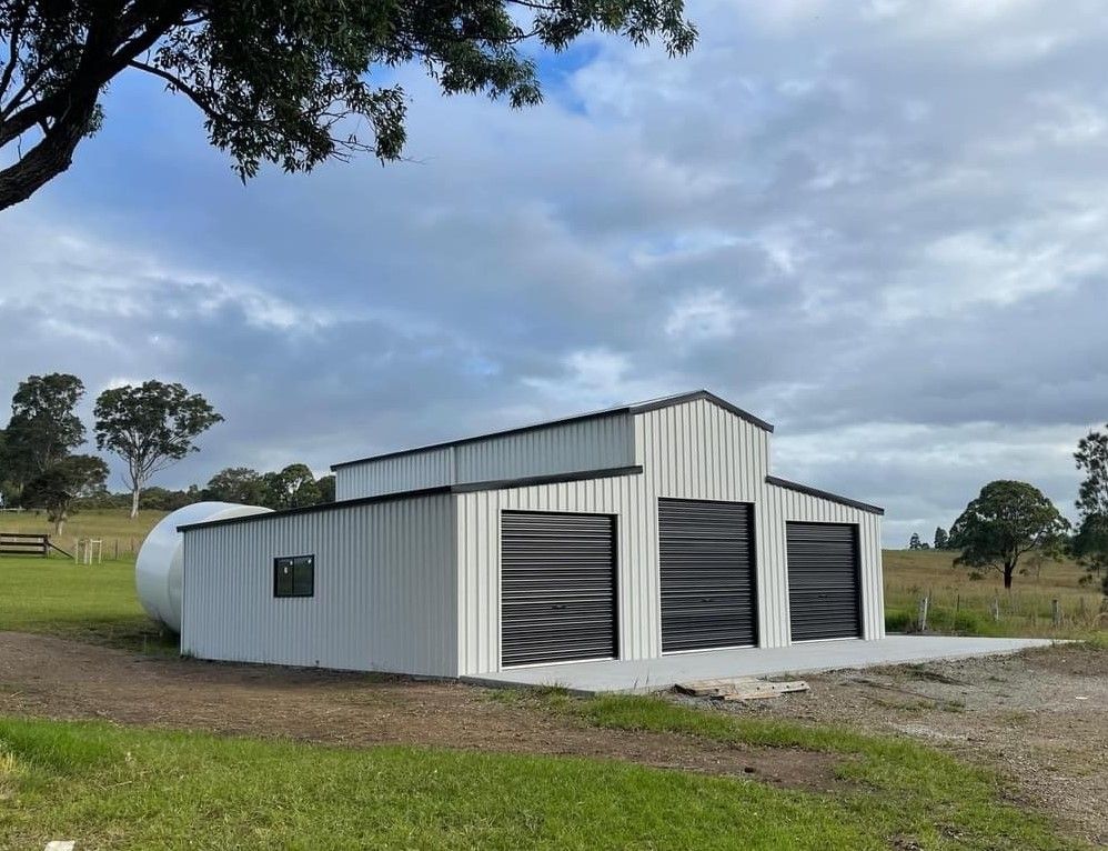 Colorbond Surfmist Rural Farming Shed With 3 Large Roller Doors — ShedPro Constructions in Gloucester, NSW