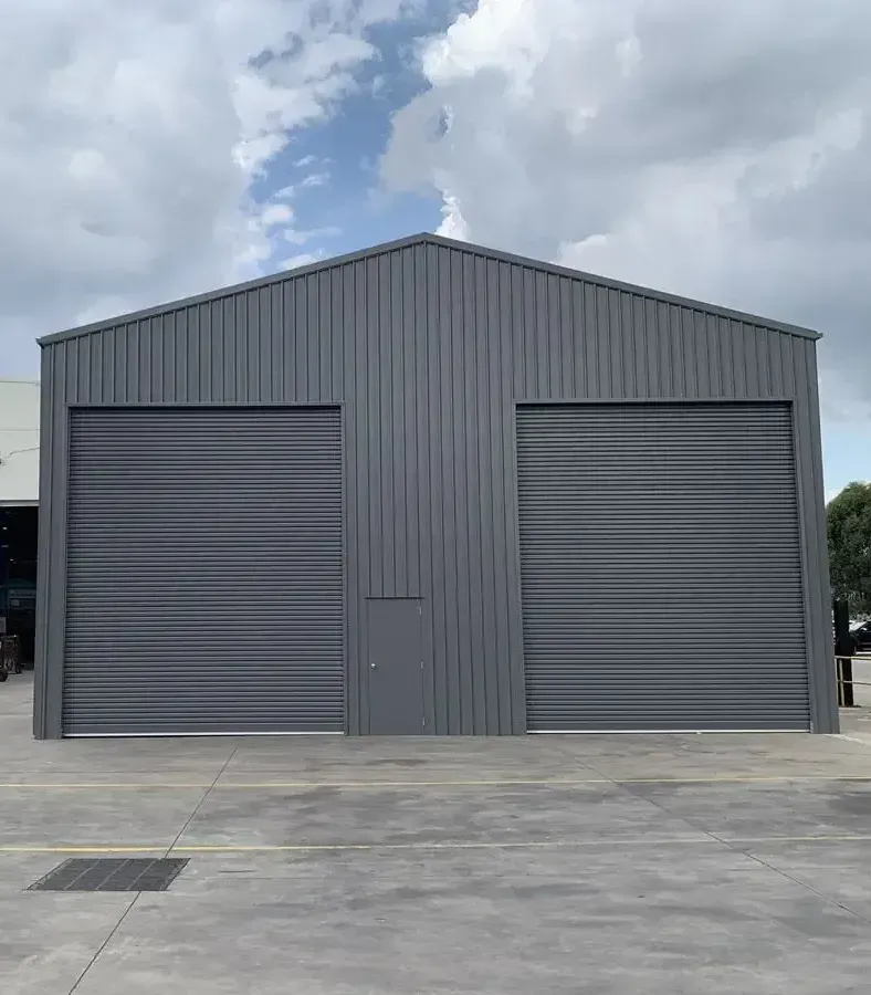 Large Door Grey Commercial Shed — ShedPro Constructions in Gloucester, NSW