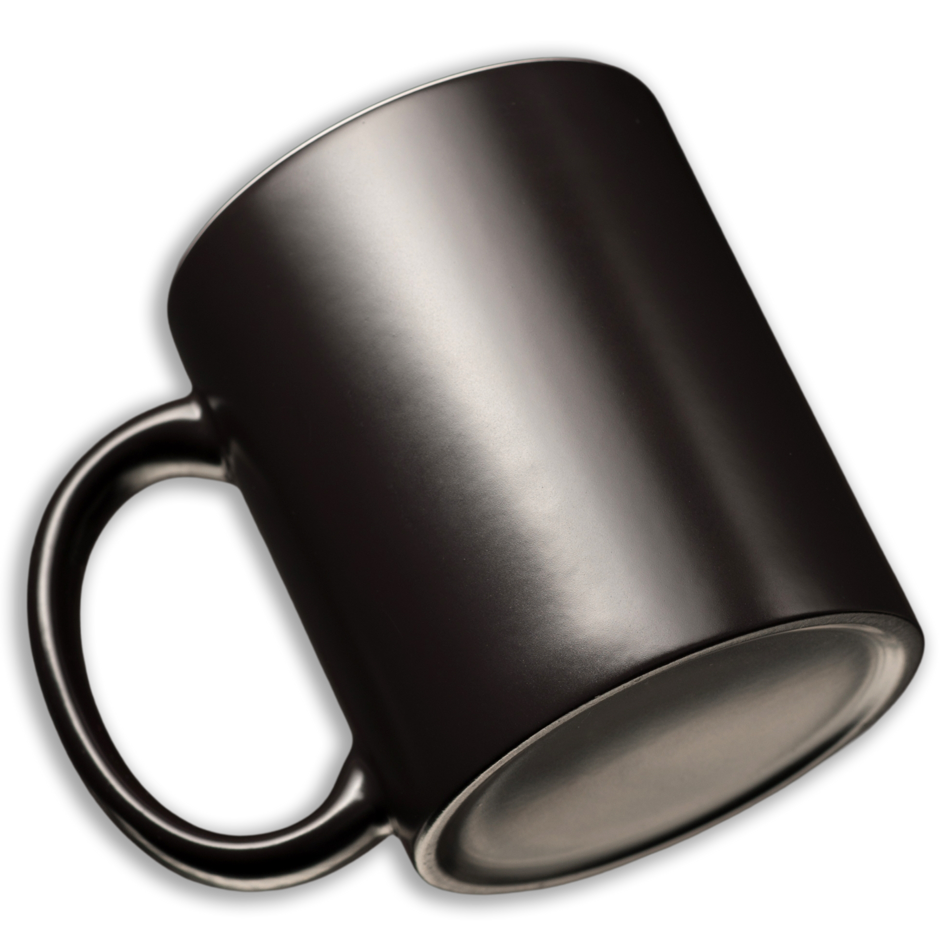 A black coffee mug with a handle on a white background