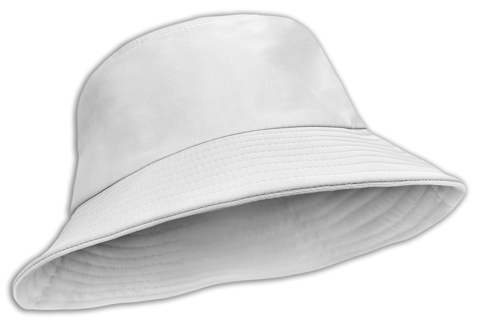A white bucket hat is shown on a white background.