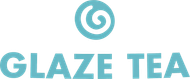 Light blue logo with a swirl icon above the text "GLAZE TEA" in a thick, rounded sans-serif font.
