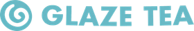 Light blue logo with a swirl icon above the text "GLAZE TEA" in a thick, rounded sans-serif font.