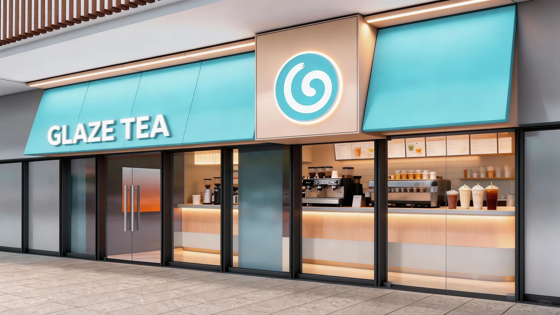 A storefront for "Glaze Tea" featuring a modern design with light blue awnings, a spiral logo, and a visible interior bar.