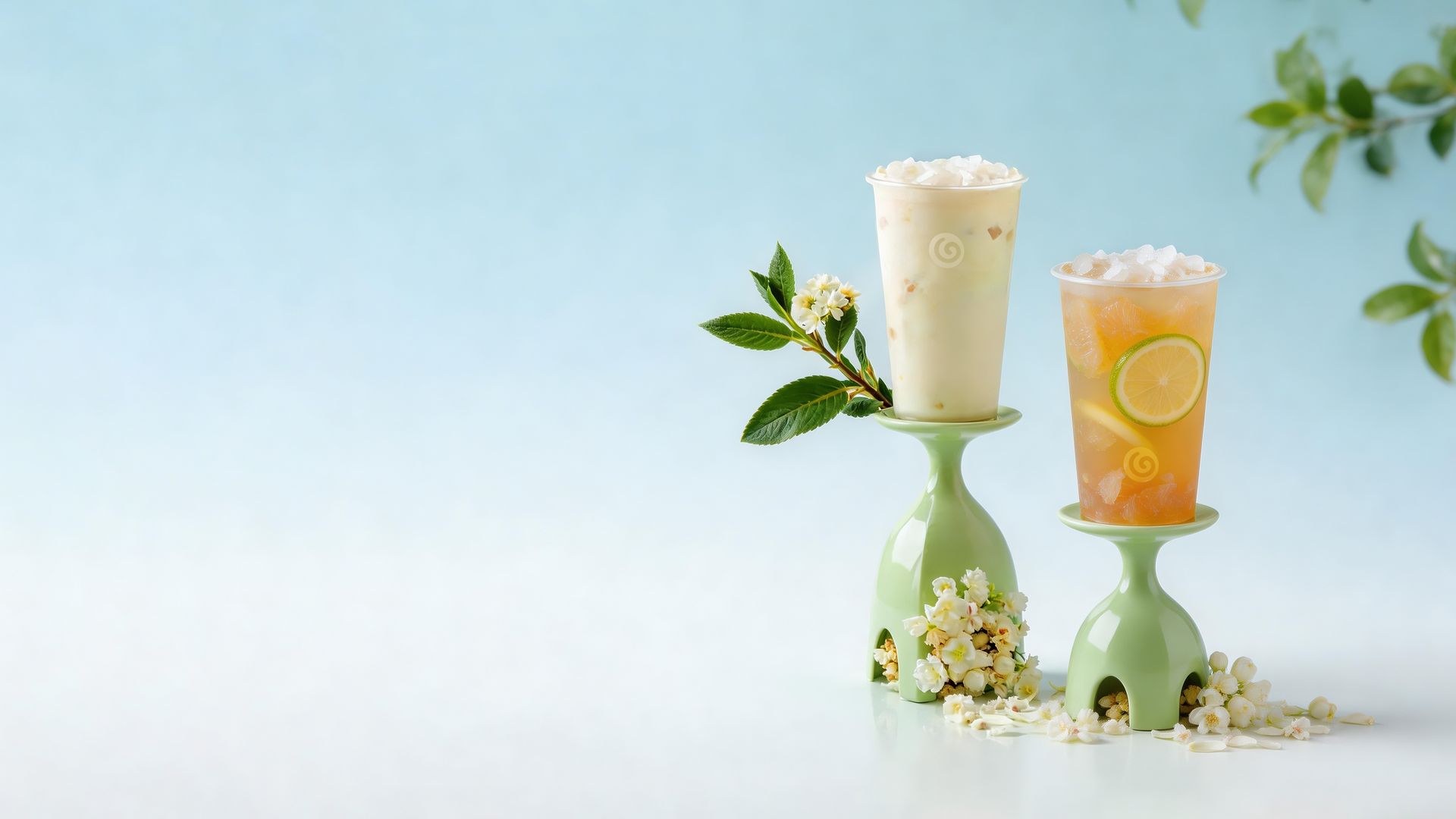 Two iced drinks with lime slices on light green pedestals, surrounded by small white flowers against a blue background.