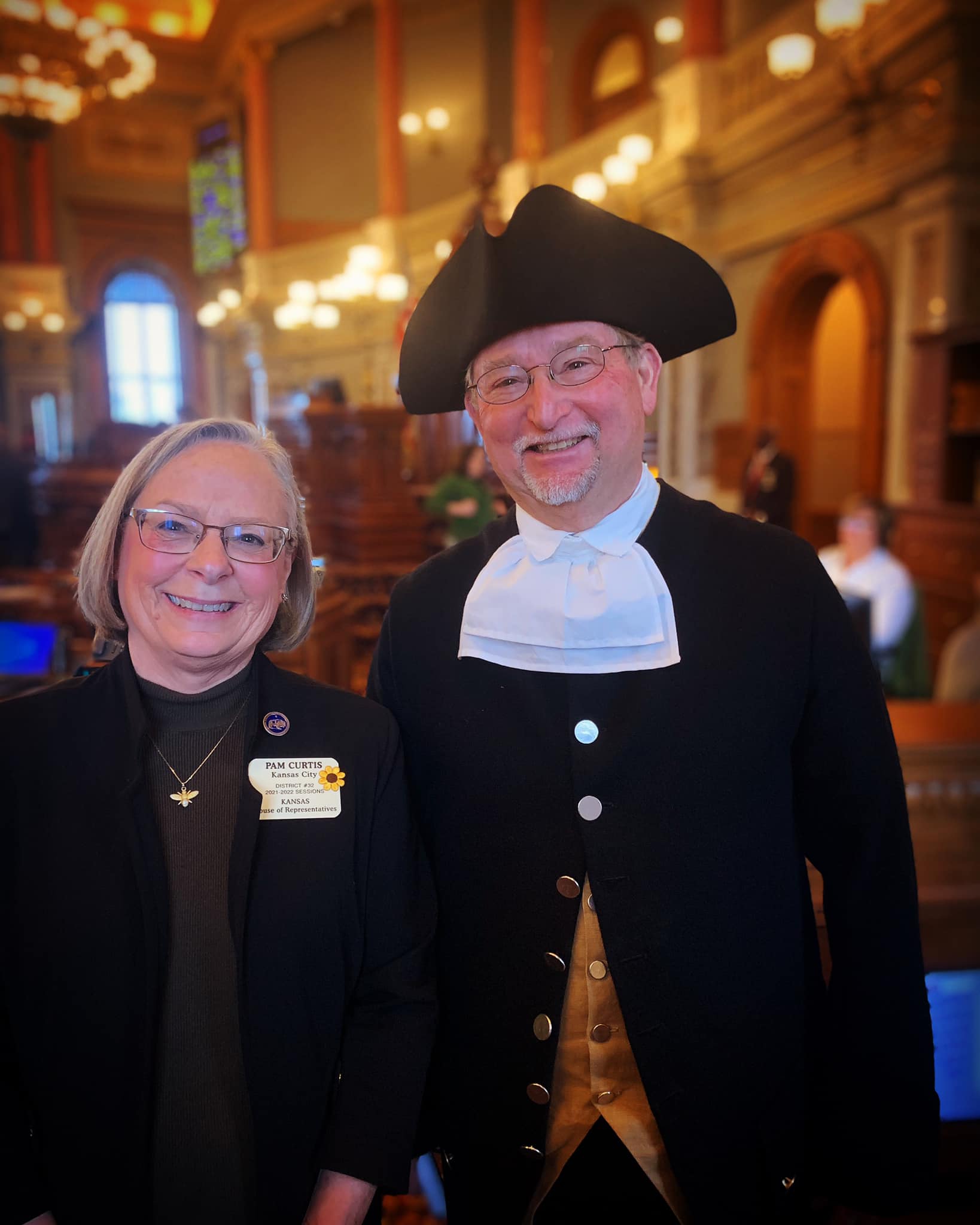 Dr. J Vernon Welkner, Pastor, High Prairie Church of Leavenworth and President of the Kansas Society of the Sons of the American Revolution provided the opening prayer as the guest chaplain in the Kansas House. His dress definitely drew attention!