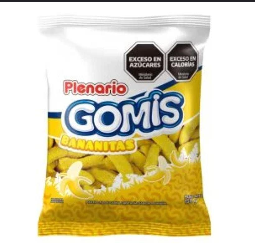 Una bolsa de bananatas de plenario gomis sobre un fondo blanco.