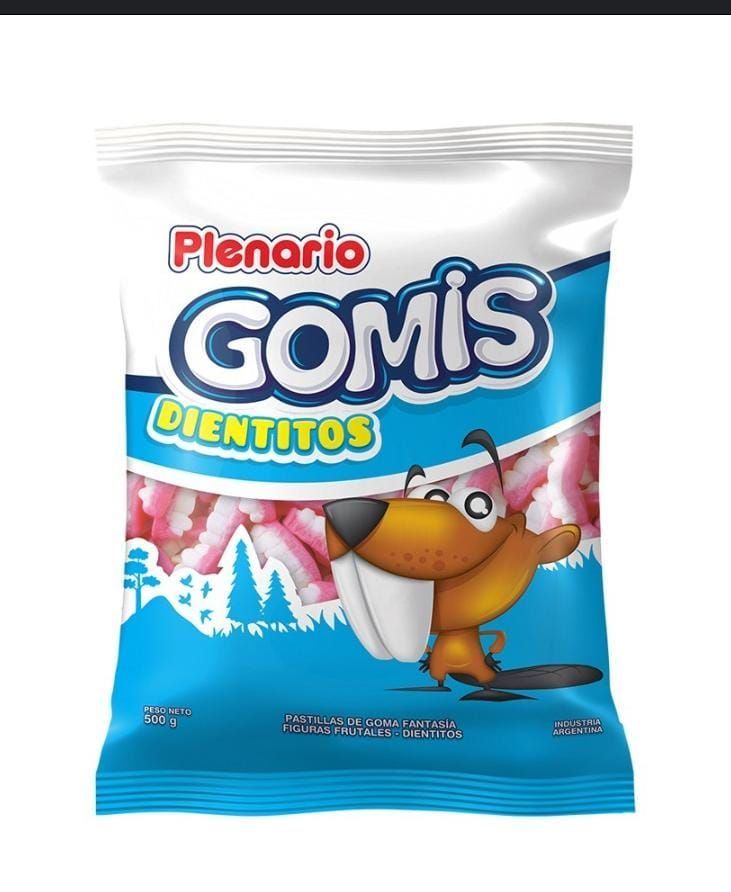 Una bolsa de gomas dientes de Plenario con un perro de dibujos animados en ella.