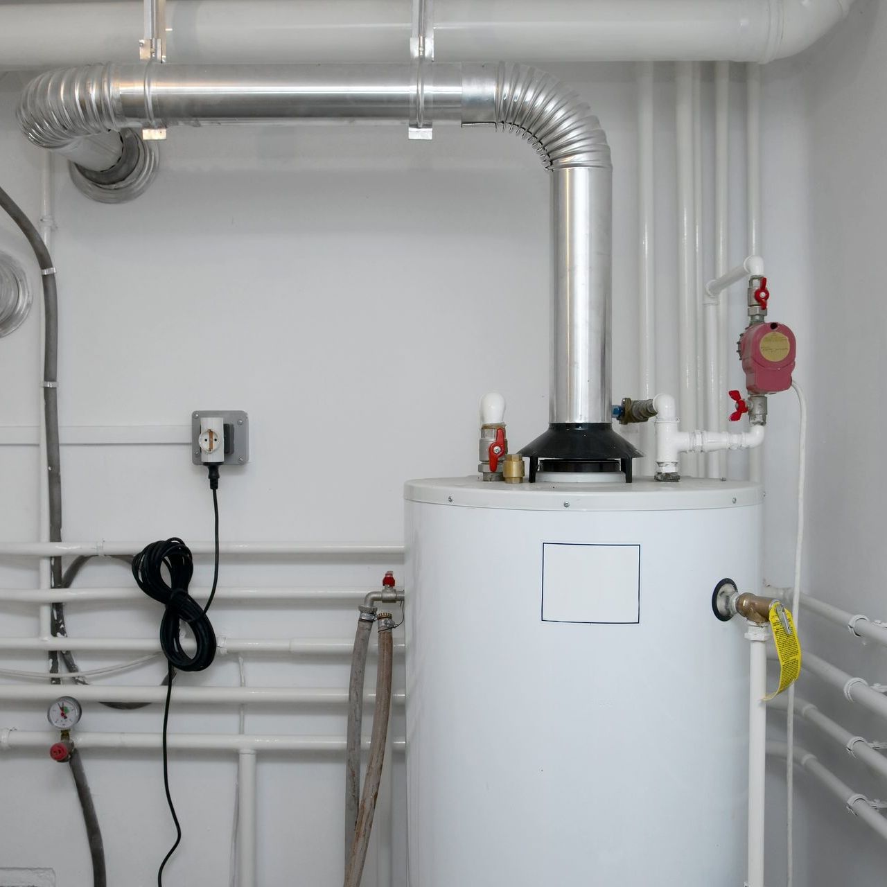 A water heater is sitting in a room next to pipes.