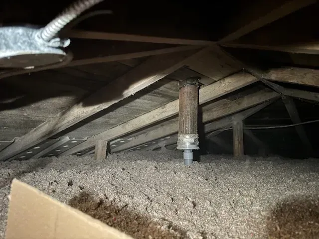 Attic space with loose-fill insulation, exposed wooden rafters, a silver metal conduit box, and a pipe extending upward.