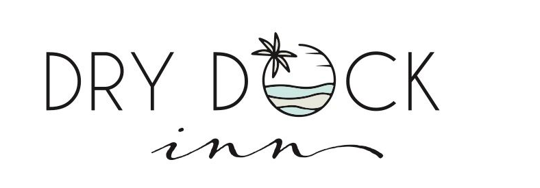 Logo for Dry Dock Inn, with text and a circular design depicting a palm tree and water.